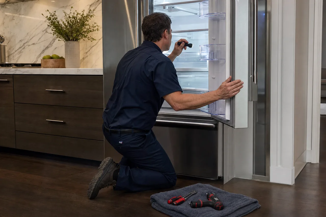 Technician repairing a built-in refrigerator mid-repair