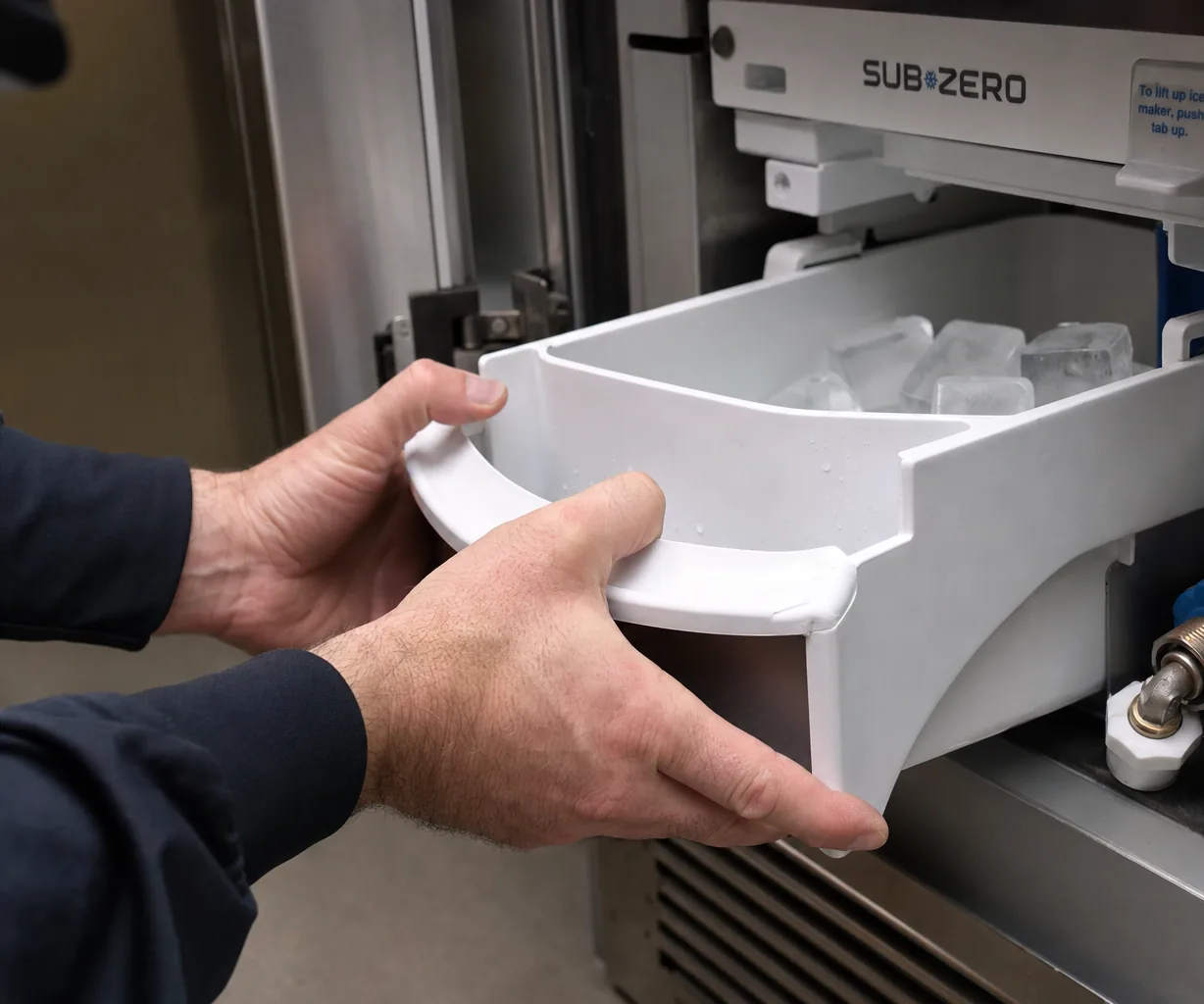Technician servicing a built-in ice maker in a Purchase kitchen
