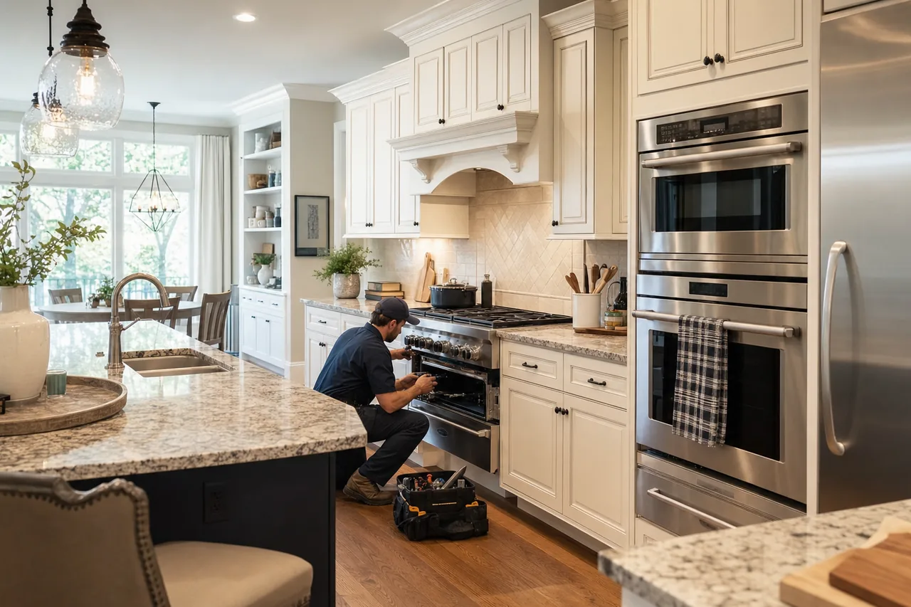 A luxury kitchen with built-in stainless appliances mid-repair