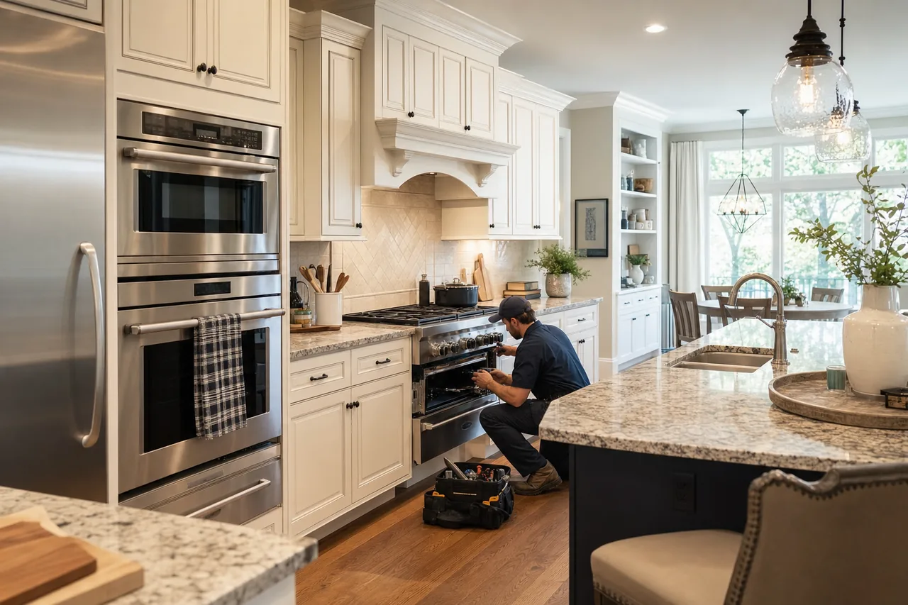 A luxury kitchen with built-in stainless appliances in a Purchase kitchen