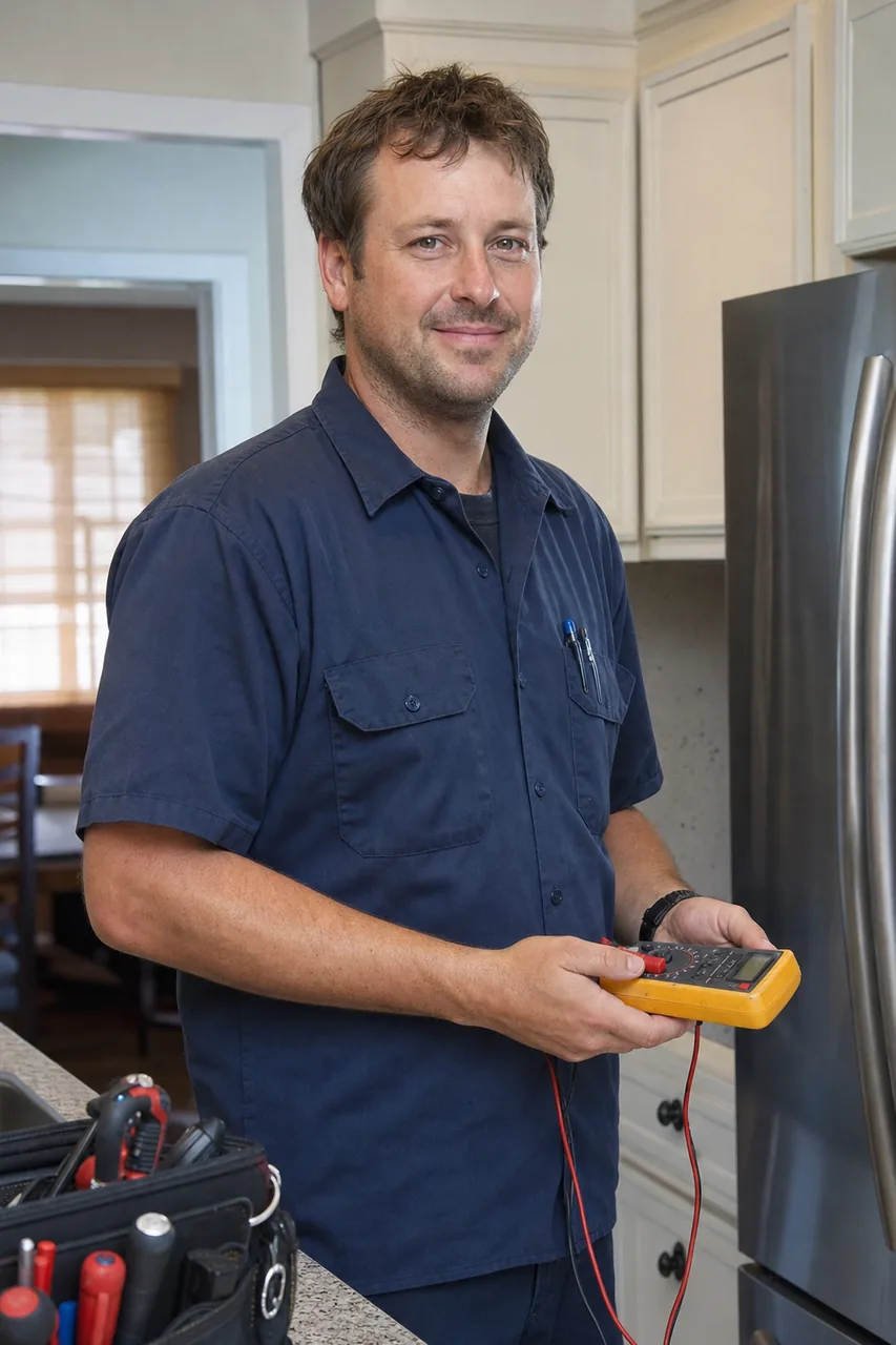 An appliance repair technician in a Purchase kitchen holding a multimeter