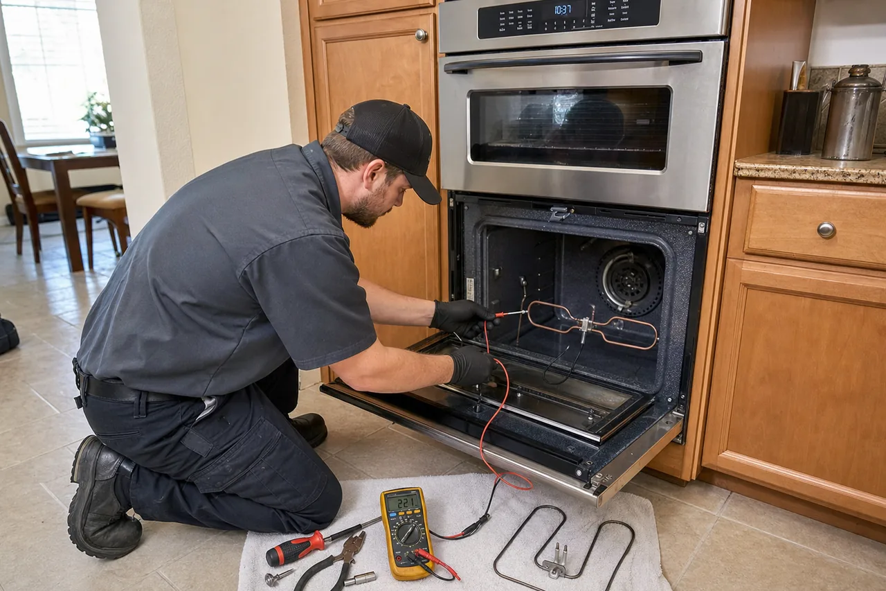 Technician servicing a built-in wall oven up close
