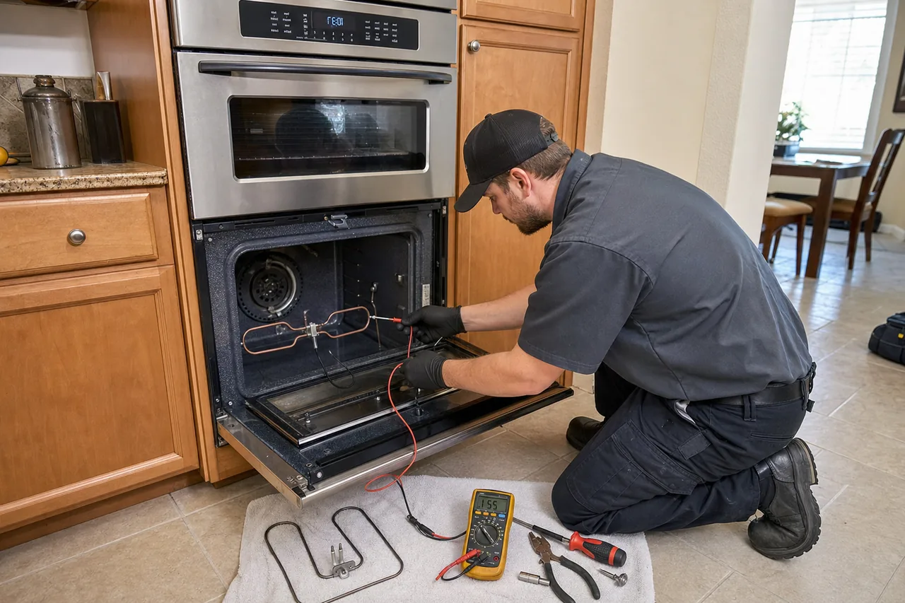 Technician servicing a built-in wall oven in a Purchase kitchen