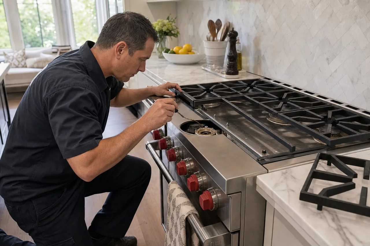 Technician servicing a stainless Wolf range on a same-day visit